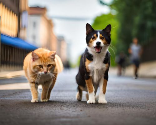 a cat and dog walking on a street